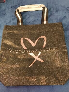 Victoria's Secret Black Glitter Tote with Pink Heart Logo